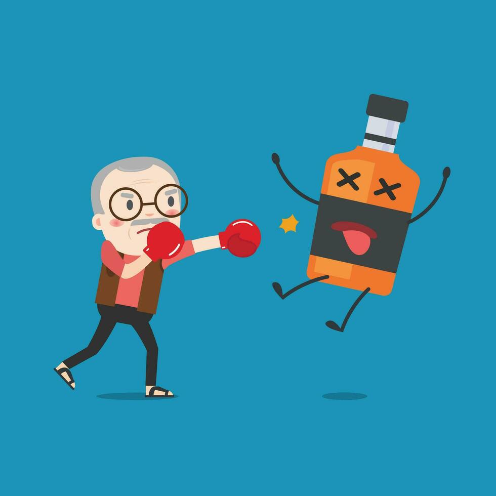 grandpa punching liquor bottles to knock out. This illustration description to fighting for stop drinking alcohol. vector