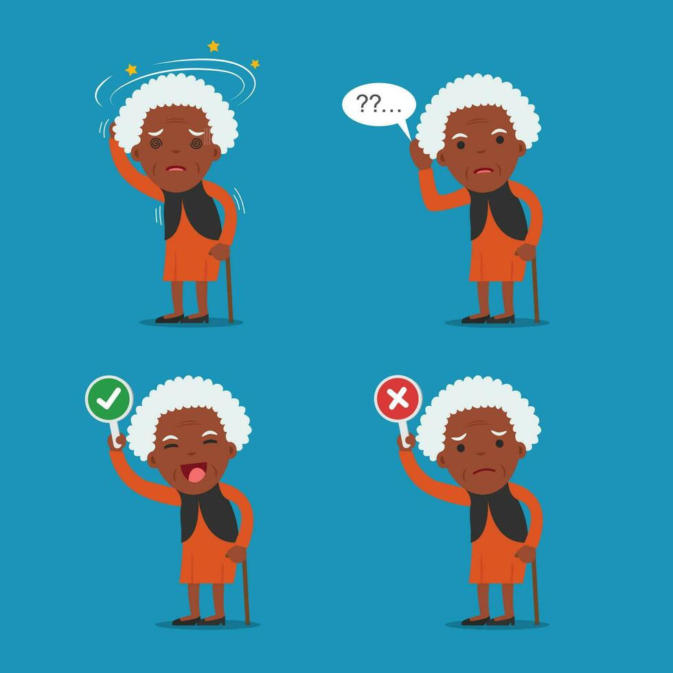 African american people, Old lady. Grandma in 4 Different Poses. Vector isolated illustration.
