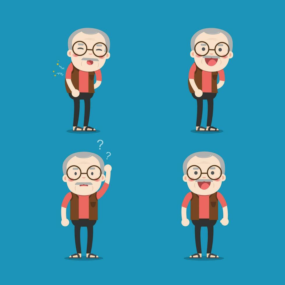 Old man. Grandpa in 4 Different Poses. Vector isolated illustration. Cartoon character.