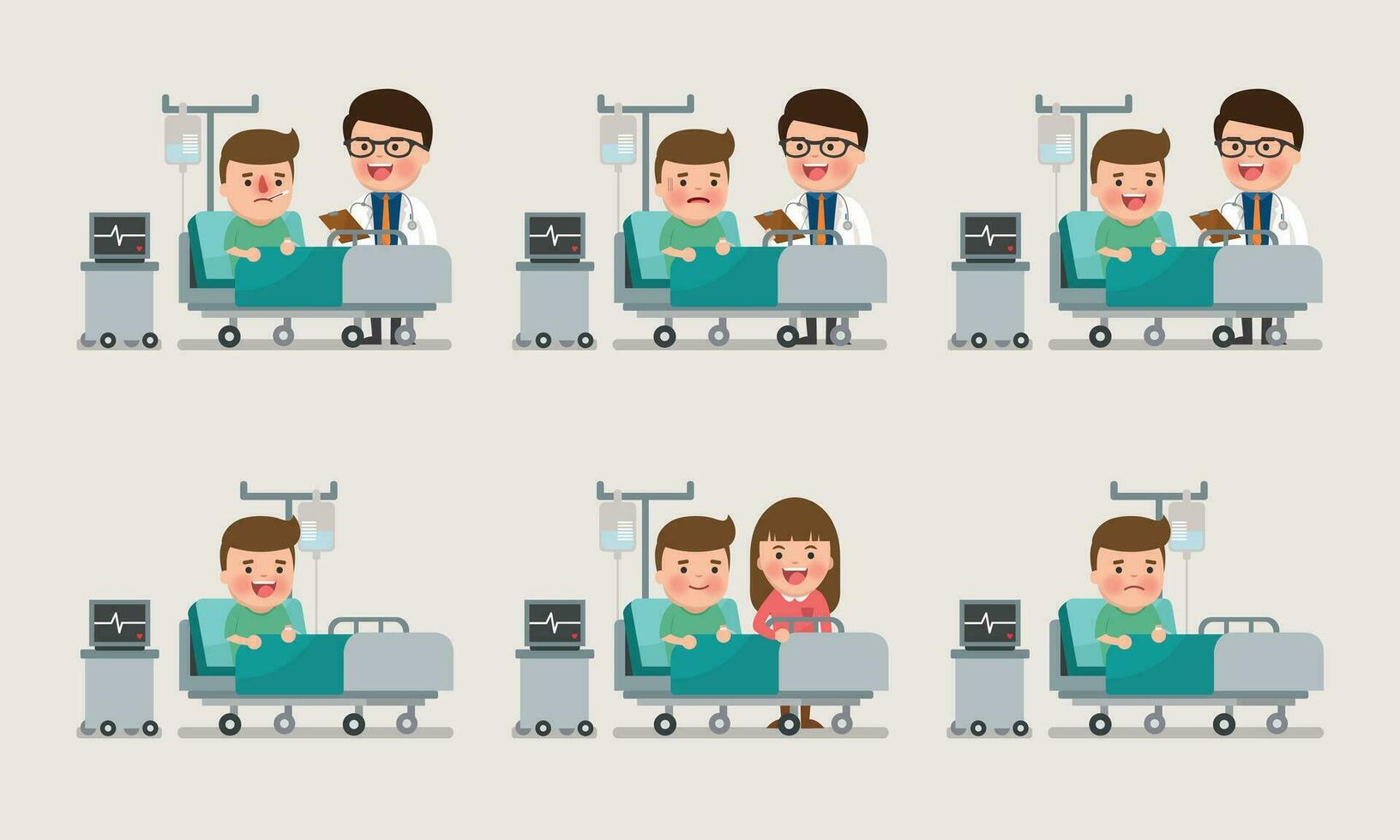 A medical caucasian patient man being treated by an expert doctor in a hospital room. flat design illustrations. vector