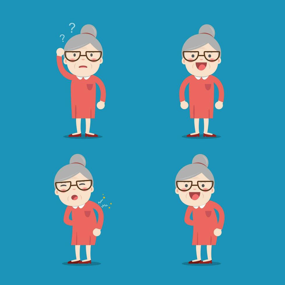 Old lady. Grandma in 4 Different Poses. Vector isolated illustration. Cartoon character.