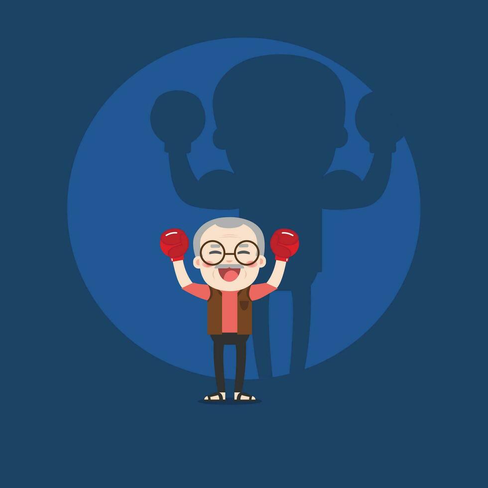 Illustration of old man and strong shadow on the wall. Vector illustration flat style.