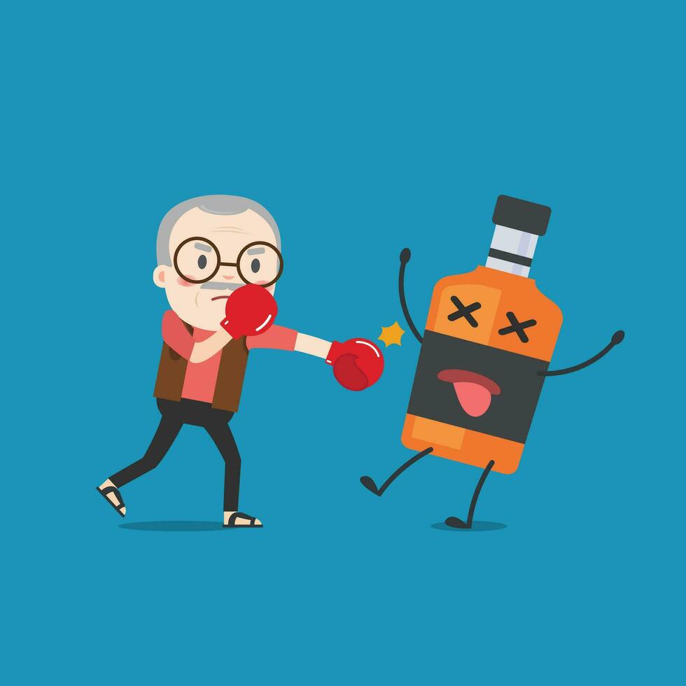 abuelo puñetazos espíritu botellas a golpe afuera. esta ilustración descripción a luchando para detener Bebiendo alcohol. vector