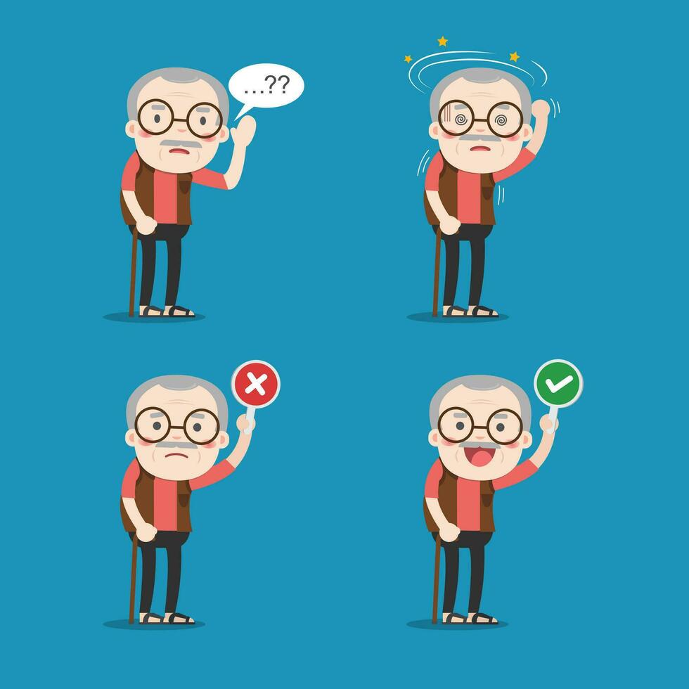 Old man. Grandpa in 4 Different Poses. Vector isolated illustration. Cartoon character.