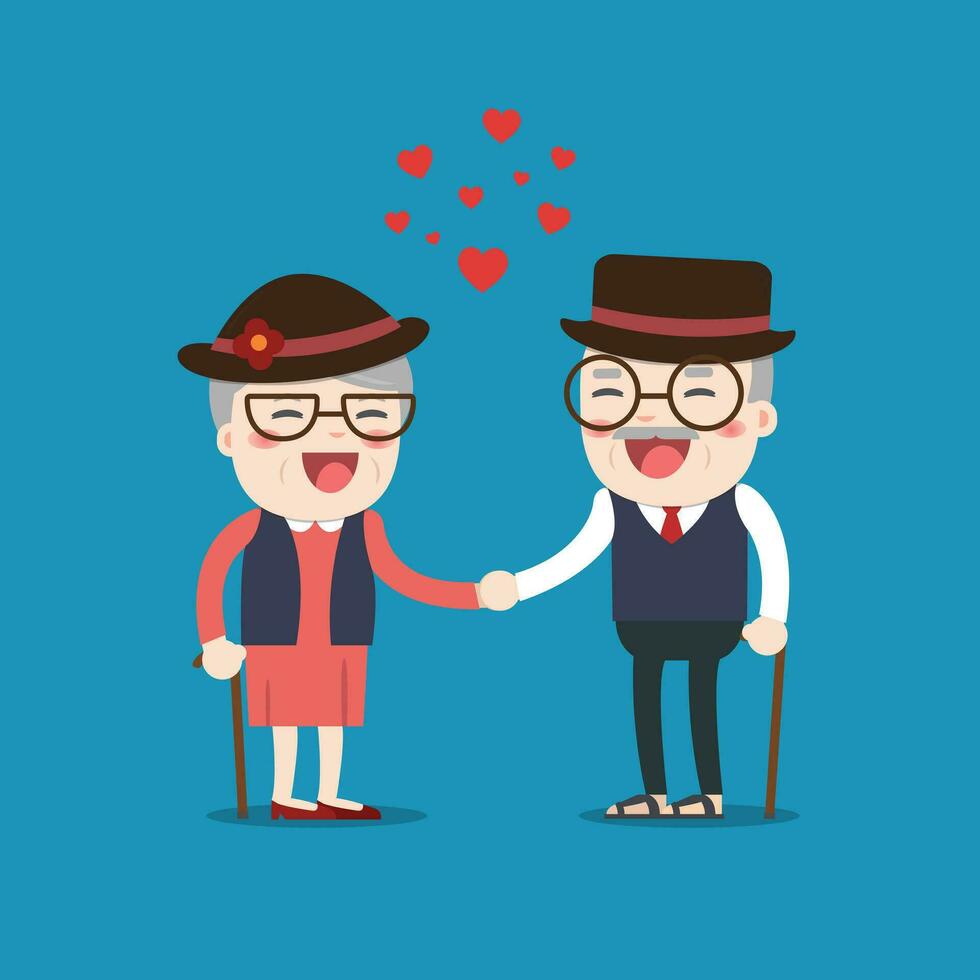 Retired elderly senior age couple in creative flat vector character design Grandpa and grandma Senior couple in love.