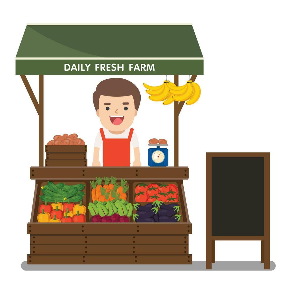 Local market farmer selling vegetables produce on his stall with awning. Modern flat style realistic vector illustration isolated on white background.