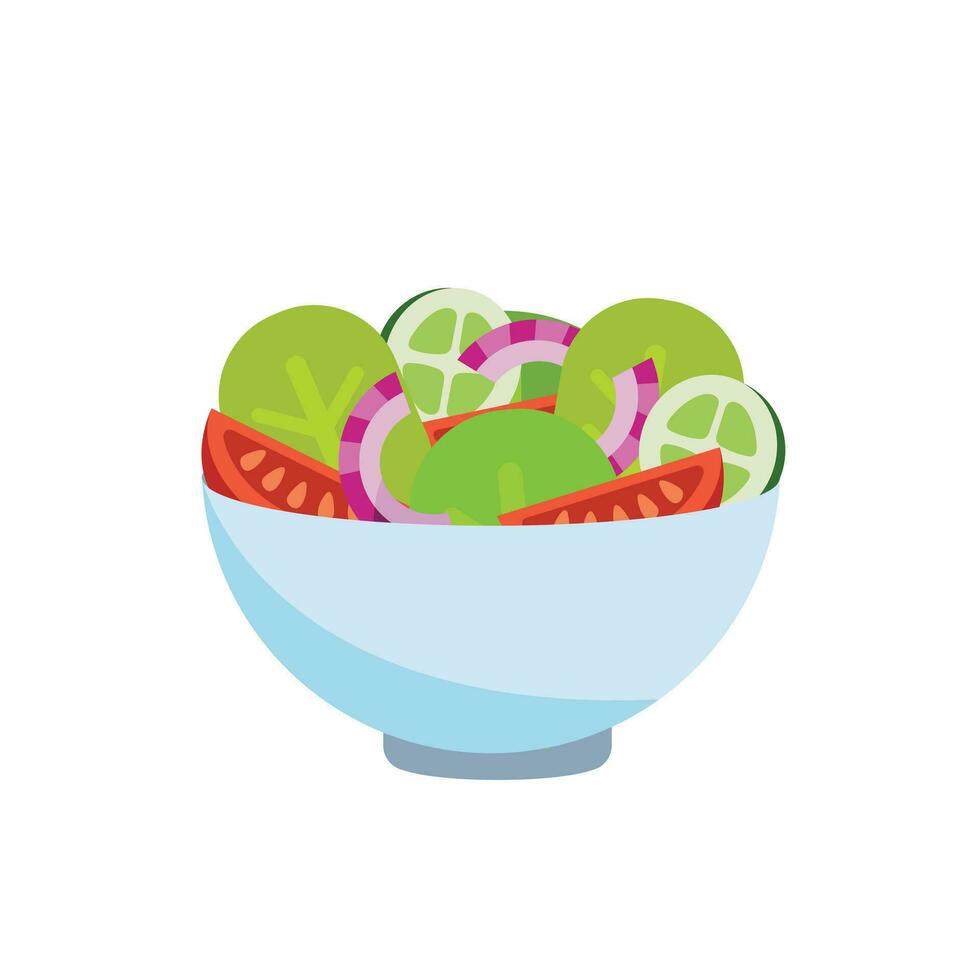 Bowl of fresh vegetable salad, healthy food. Flat style. Vector illustration isolated on white background.