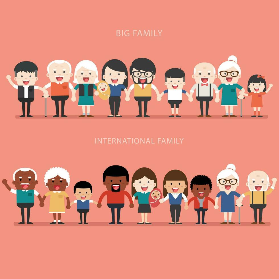 familia concepto. grande contento familia y internacional familia. padres con niños. padre, madre, niños, abuelo, abuela, hermanos, esposa, marido, tío, tía vector