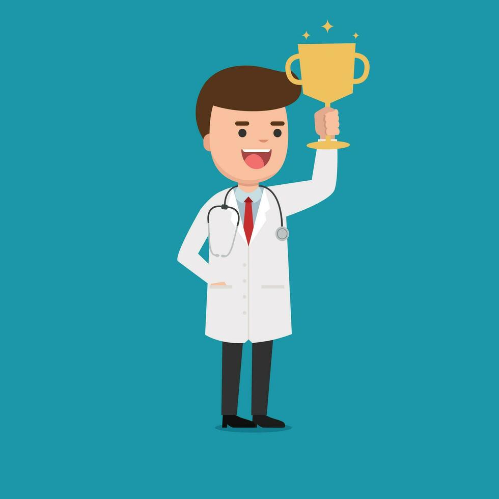 doctor in medical gown holding a golden trophy. Vector flat design illustration.
