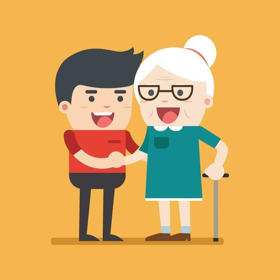 Illustration of young volunteer man caring for elderly woman. Man helping and supporting old aged female. Vector flat design. Social concept caring for seniors