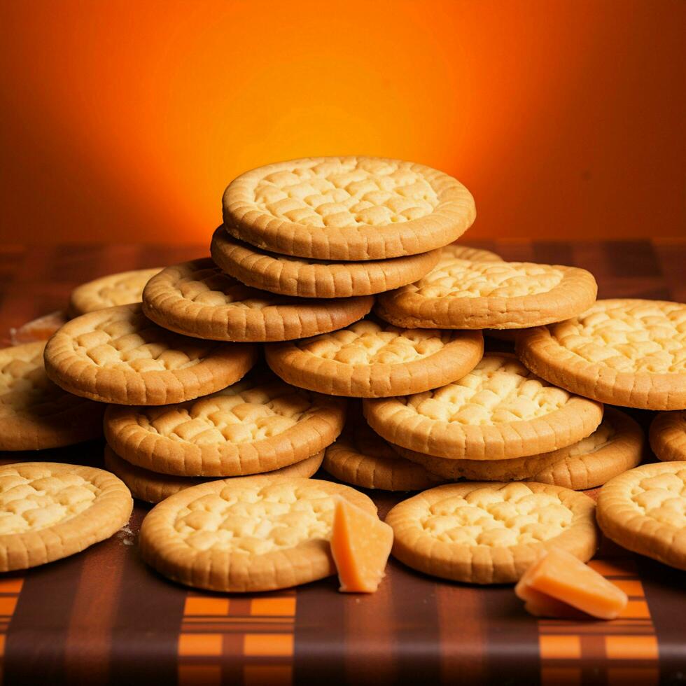 AI generated Irresistible cookie arrangement against an energetic orange backdrop, sweet temptation For Social Media Post Size photo