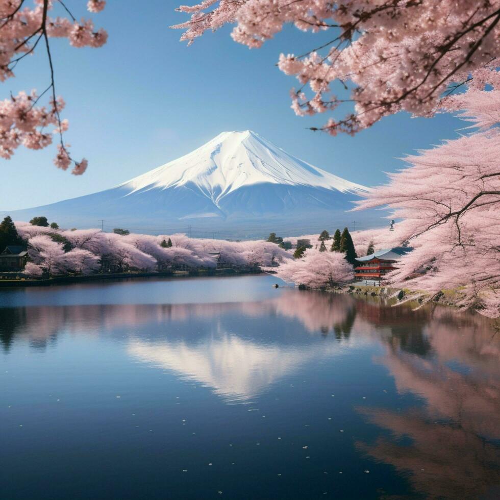AI generated Japanese cherry blossoms frame Mt Fuji at Kawaguchiko lake For Social Media Post Size photo