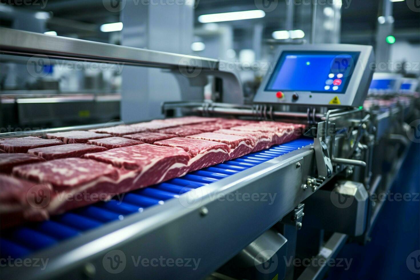 AI generated Industrial precision Meat production equipment works on cutting and processing photo