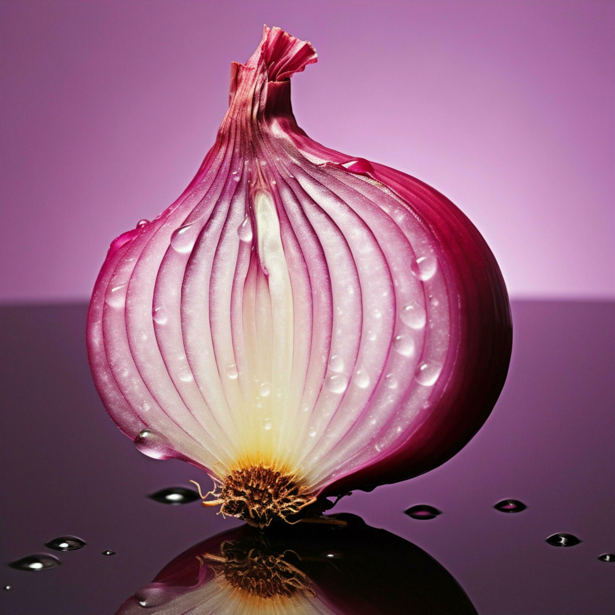 AI generated Red onion slice layers, translucent, adorn a reflective