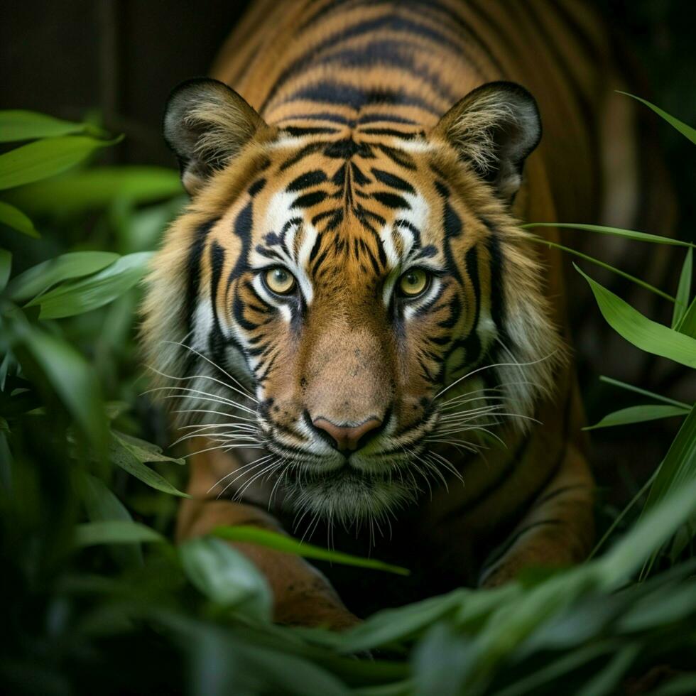 ai generado de cerca sumatra Tigre a hurtadillas acecho en selva para social medios de comunicación enviar Talla foto