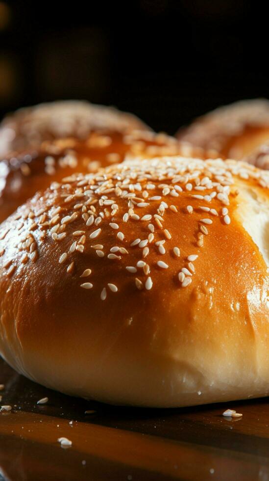 AI generated Freshly baked bread with sesame seeds, showcasing doughy and softness Vertical Mobile Wallpaper photo