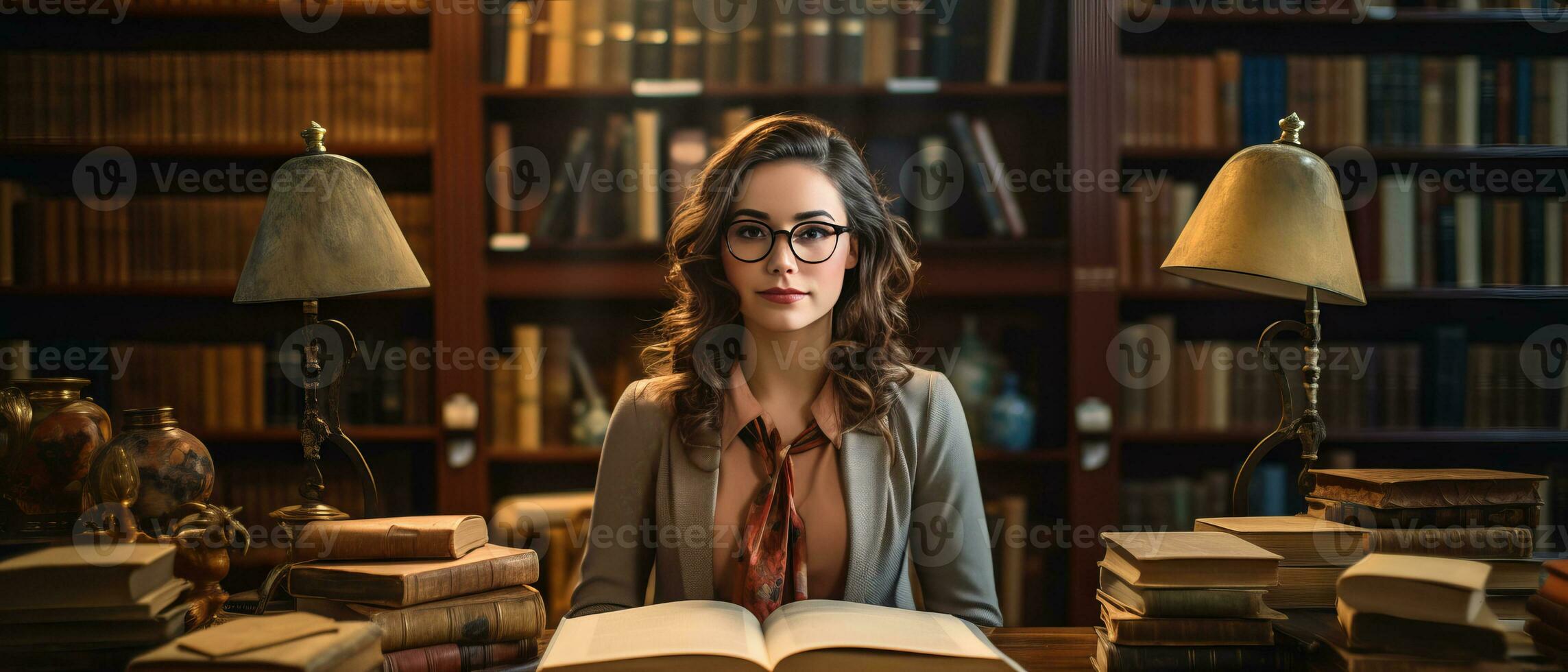 ai generado de moda hembra estudiante sentado entre estantería en un antiguo Universidad biblioteca, profundamente absorto en estudiando. foto