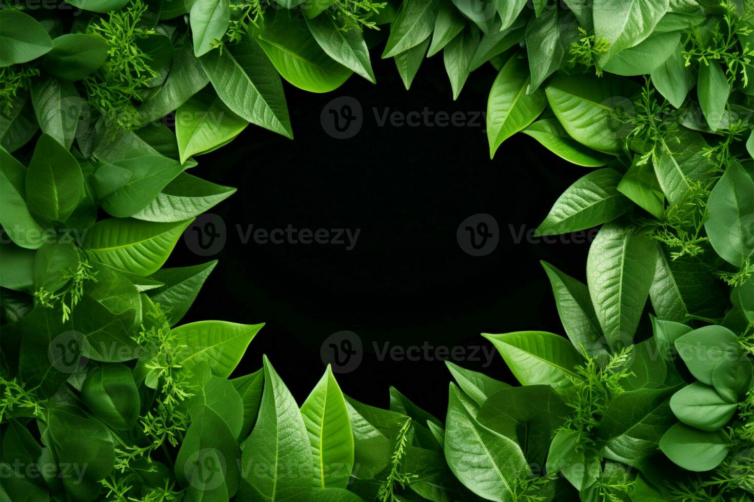 AI generated Green leaves form a circular frame with white center, top view photo