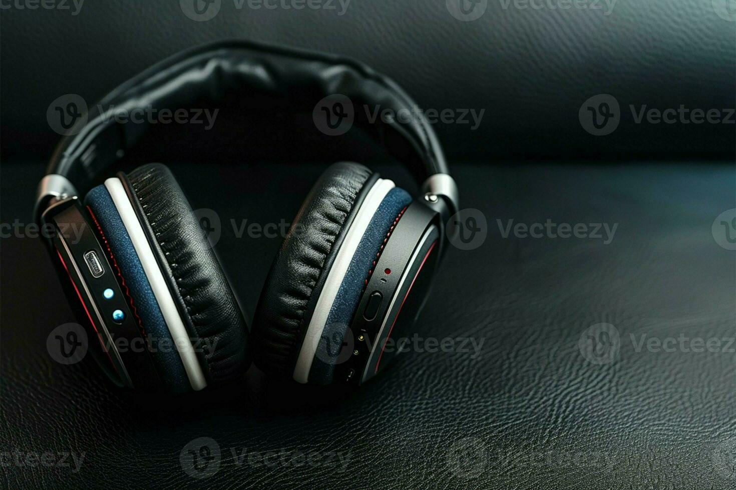 AI generated Modern tech, Bluetooth headphones on black leather, audio luxury photo