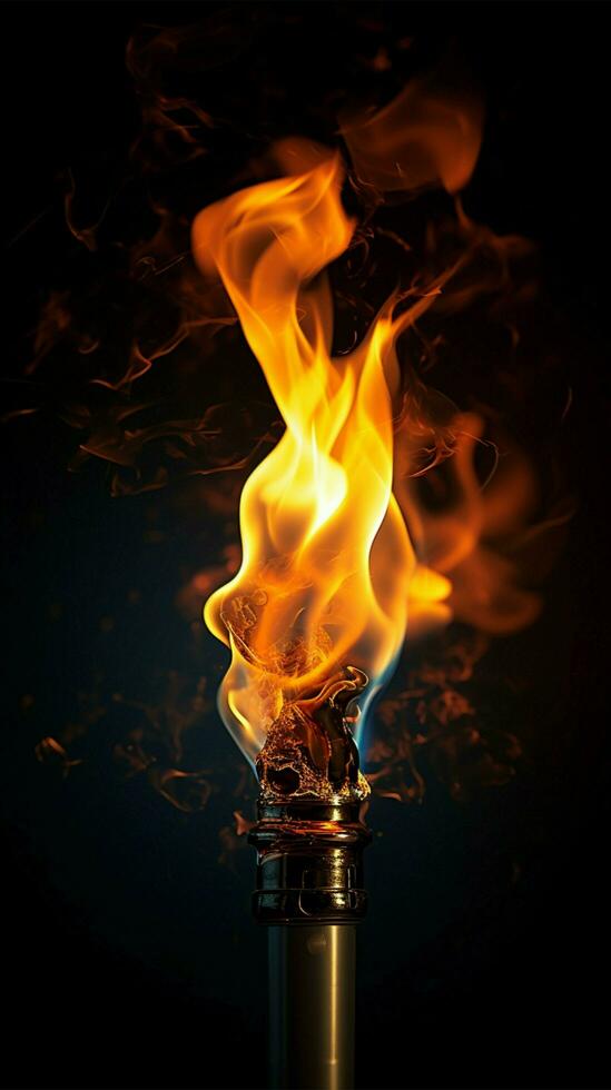 AI generated Close up A blazing torch illuminates darkness with fierce, captivating flames Vertical Mobile Wallpaper photo