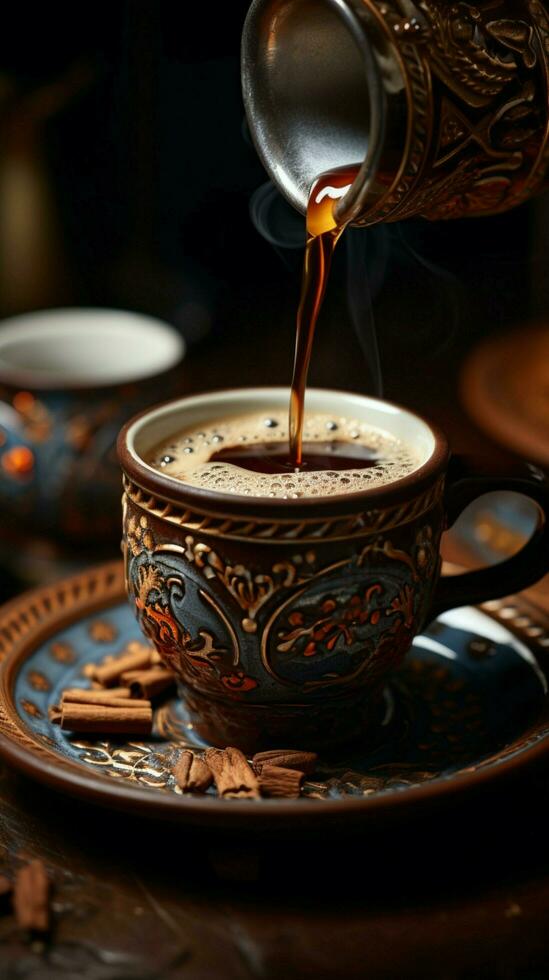 AI generated Aromatic Turkish coffee pouring from cezve into a decorated cup Vertical Mobile Wallpaper photo