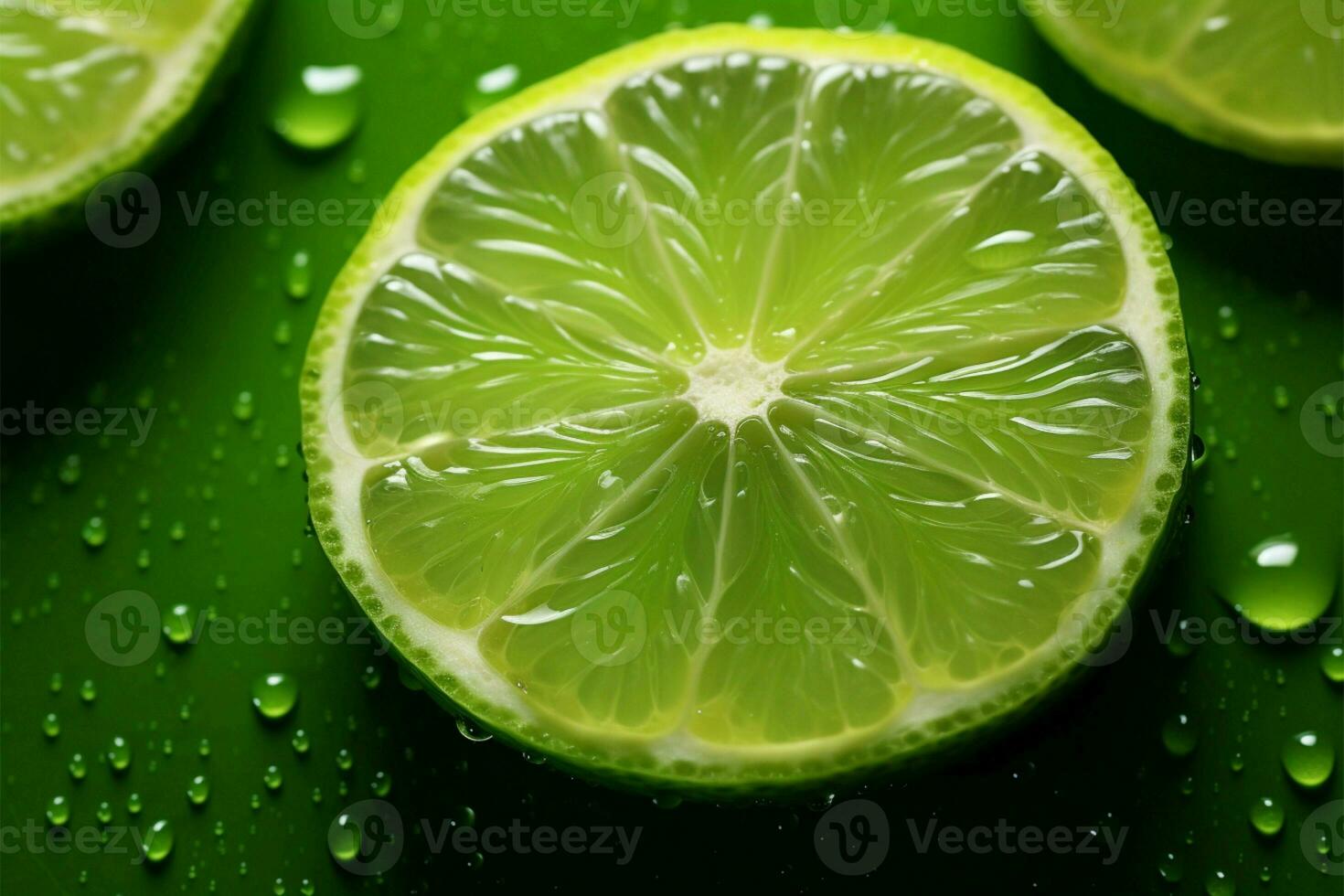 AI generated Green Droplets Fresh lime slice adorned with water droplets on green photo