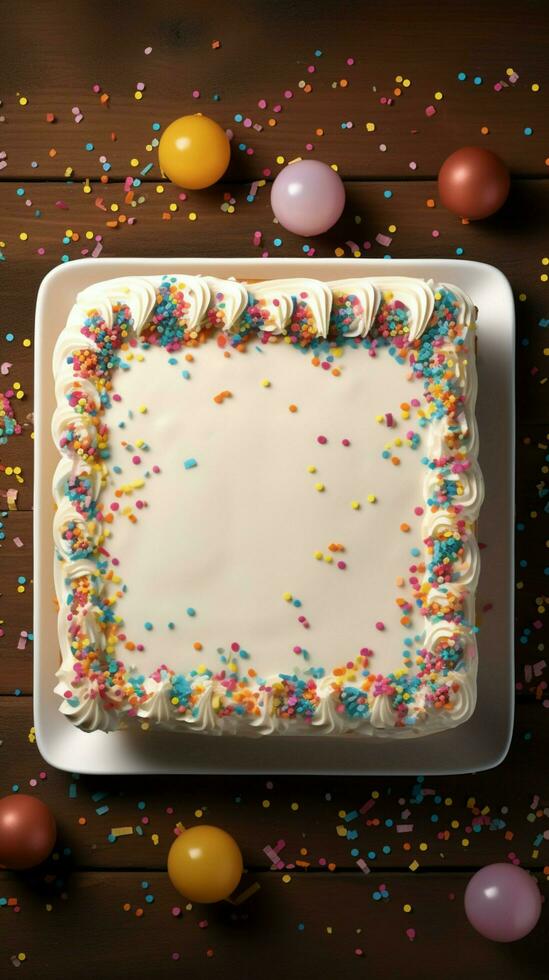 AI generated Photo Top view of a birthday cake with wishing card, confetti Vertical Mobile Wallpaper