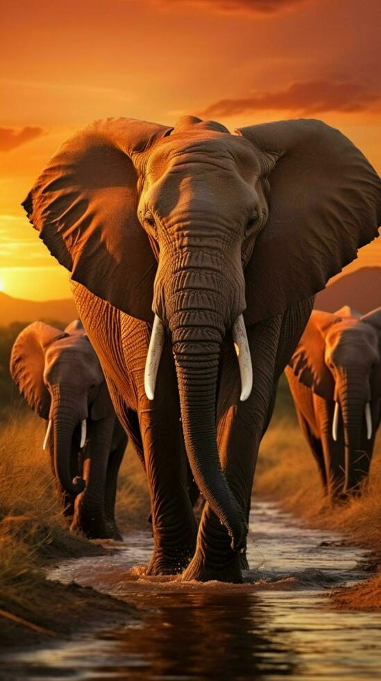 AI generated Elephants crossing Olifant River, evening shot, Amboseli National Park, Kenya Vertical Mobile Wallpaper photo