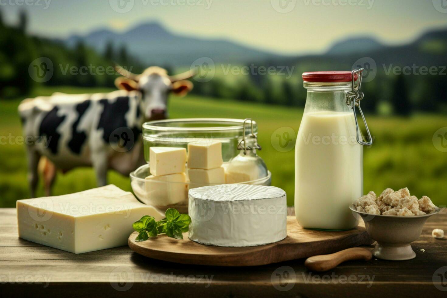 AI generated Milk products displayed on a green meadow background with cows photo