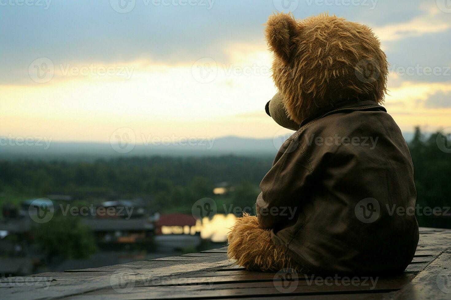 AI generated Teddys solitude alone on a wooden balcony, looking sad photo