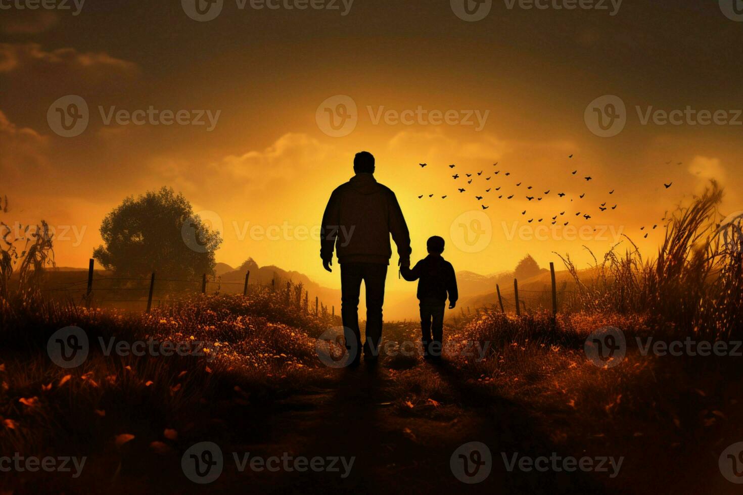 AI generated Silhouetted bond father and son hold hands on an autumn meadow photo