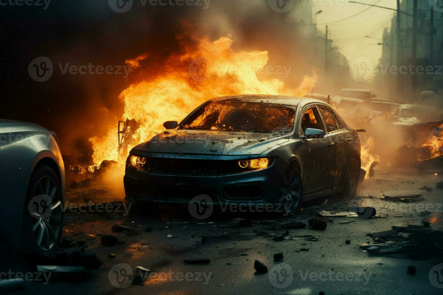 AI generated Dangerous car crash scene with a fiery aftermath on the road photo