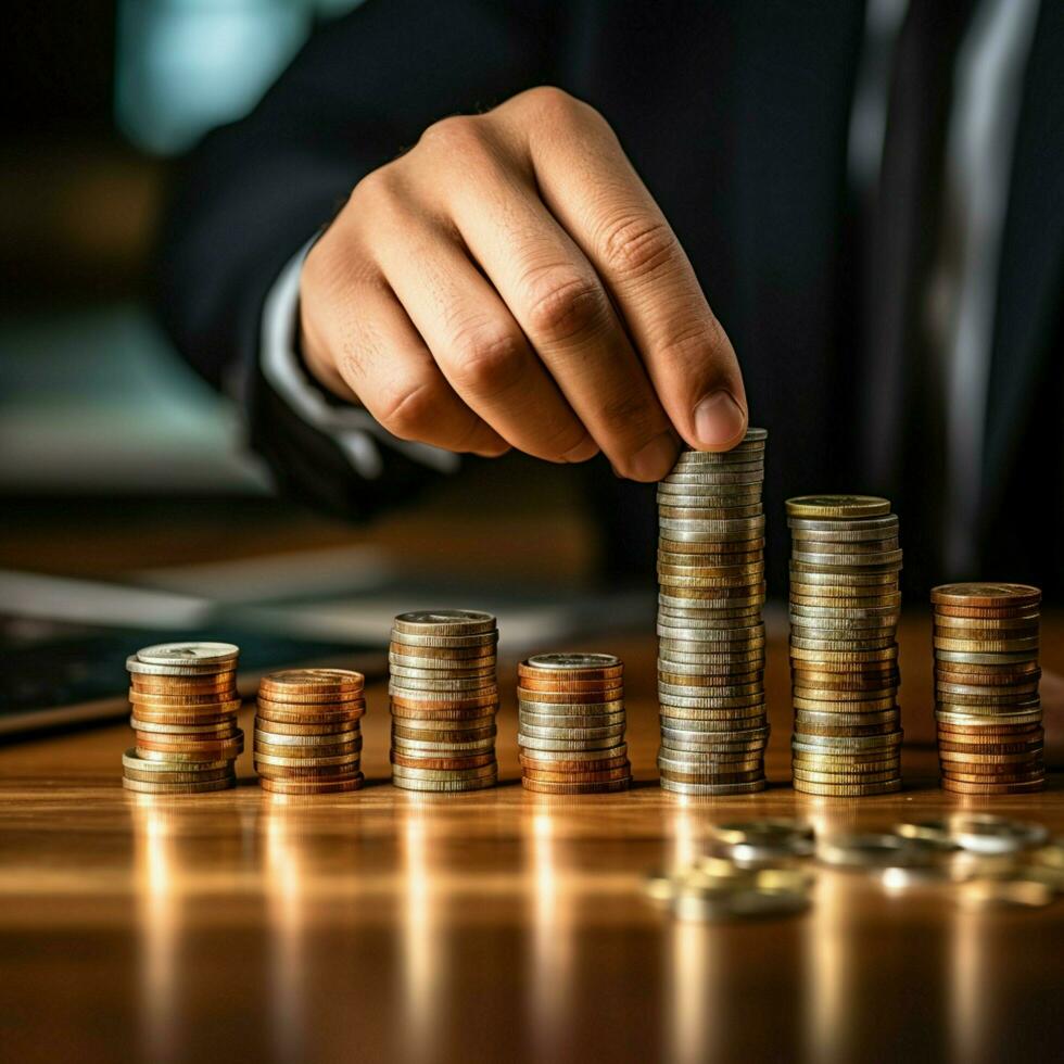 AI generated Business and financial concept businessman stacks coins with creative hand For Social Media Post Size photo