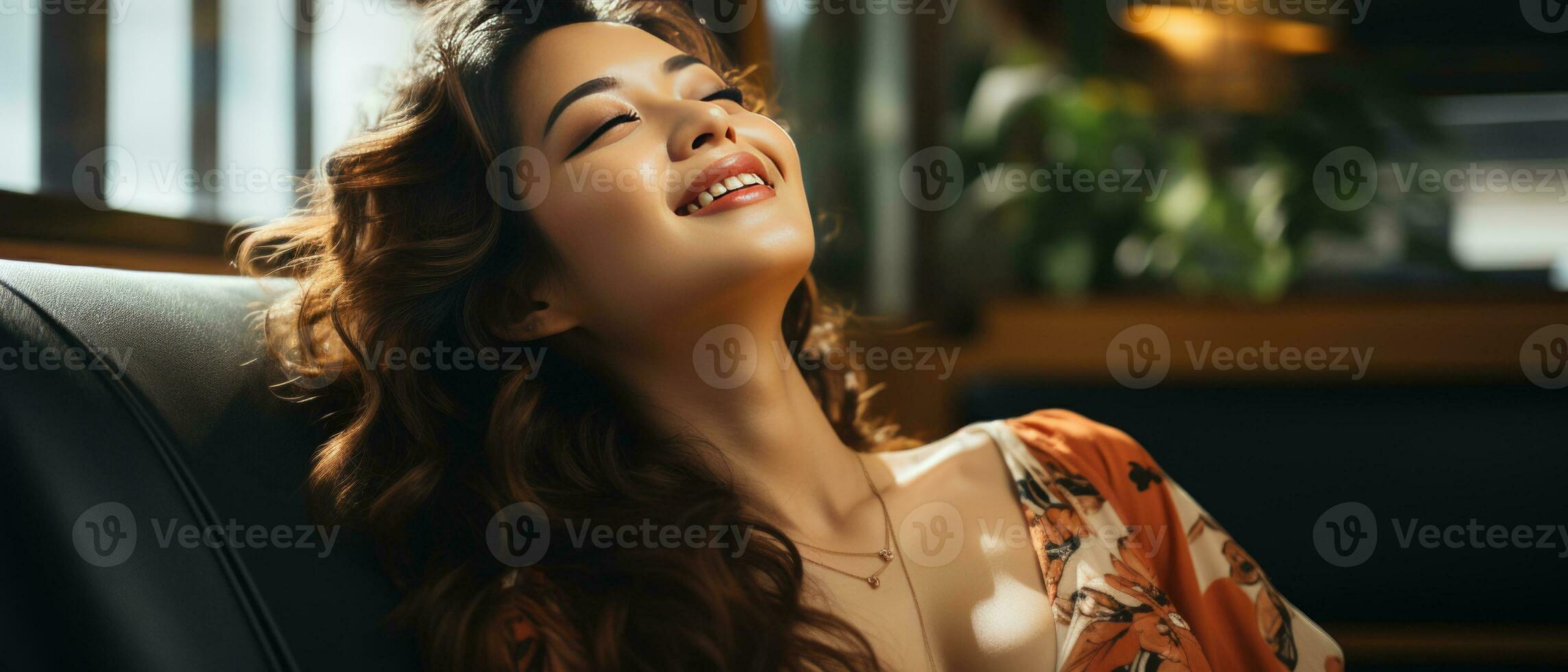 AI generated Portrait of an attractive Asian lady enjoying a day off at home, lounging in bed with a calm, content expression. photo