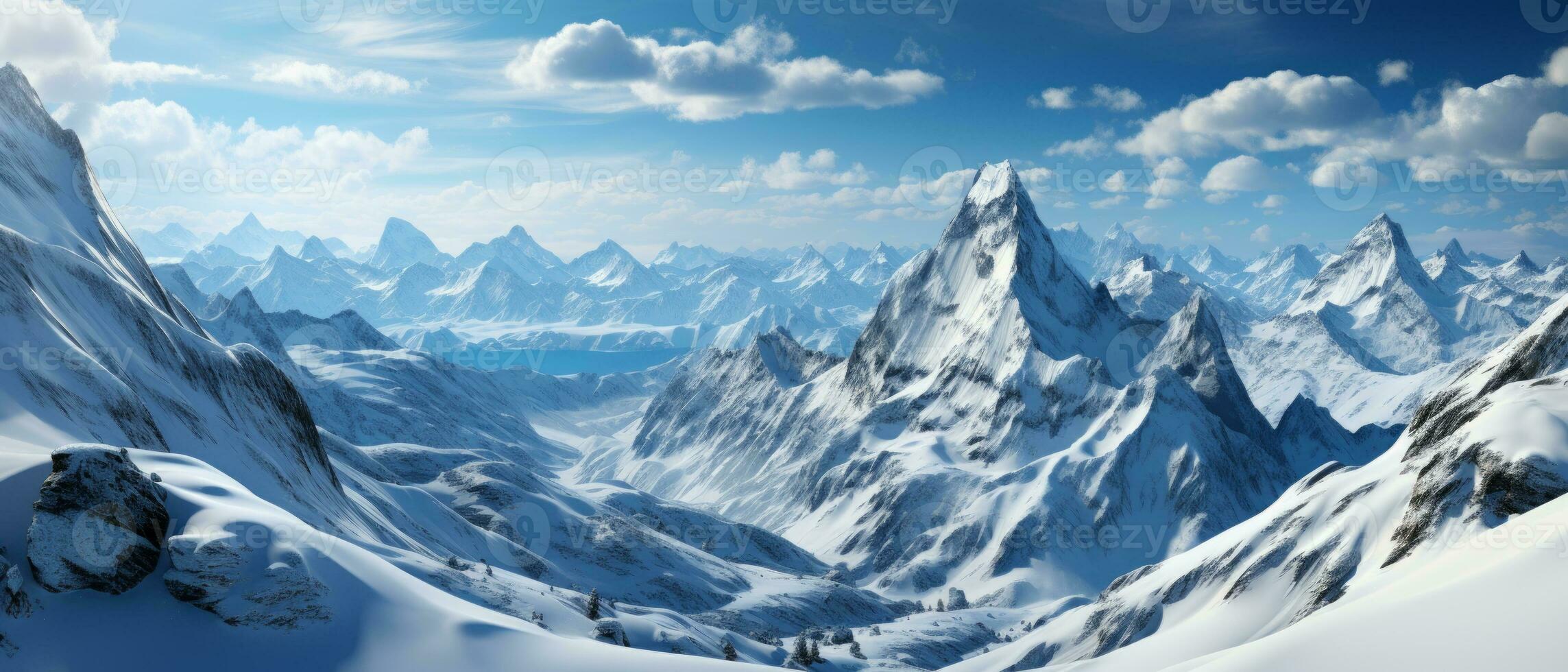 AI generated Breathtaking view of white, snowy mountains under the sun, offering a perfect setting for a winter vacation or ski resort adventure. photo