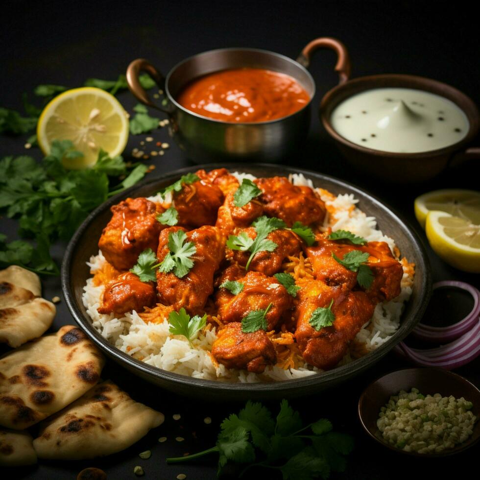 ai generado indio culinario deleite pollo tikka condimento, basmati arroz, aperitivos para social medios de comunicación enviar Talla foto