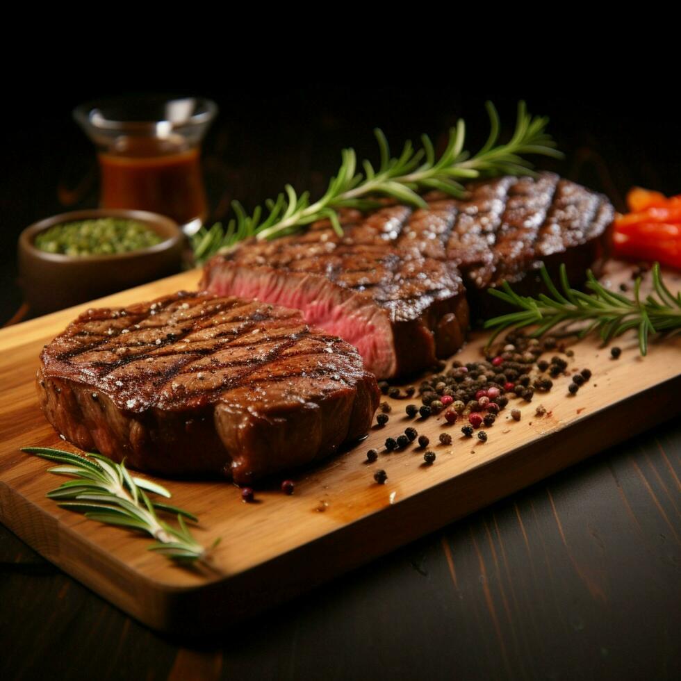 AI generated Wooden cutting board showcase grilled steak with rosemary and spices For Social Media Post Size photo