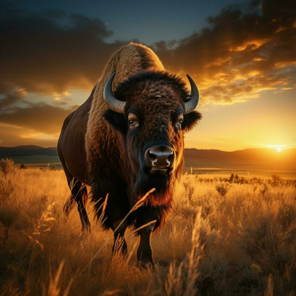 ai generado asombroso escena bisonte en Yellowstone pradera a atardecer, Estados Unidos para social medios de comunicación enviar Talla foto