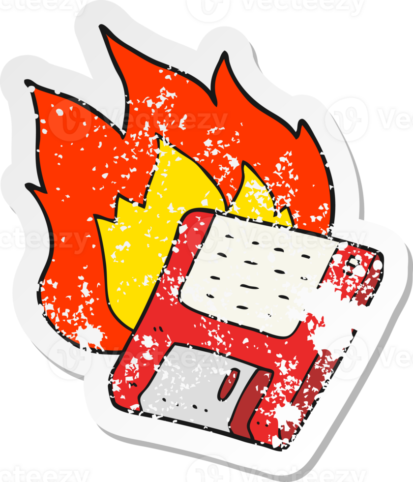 retro distressed sticker of a cartoon old computer disk burning png