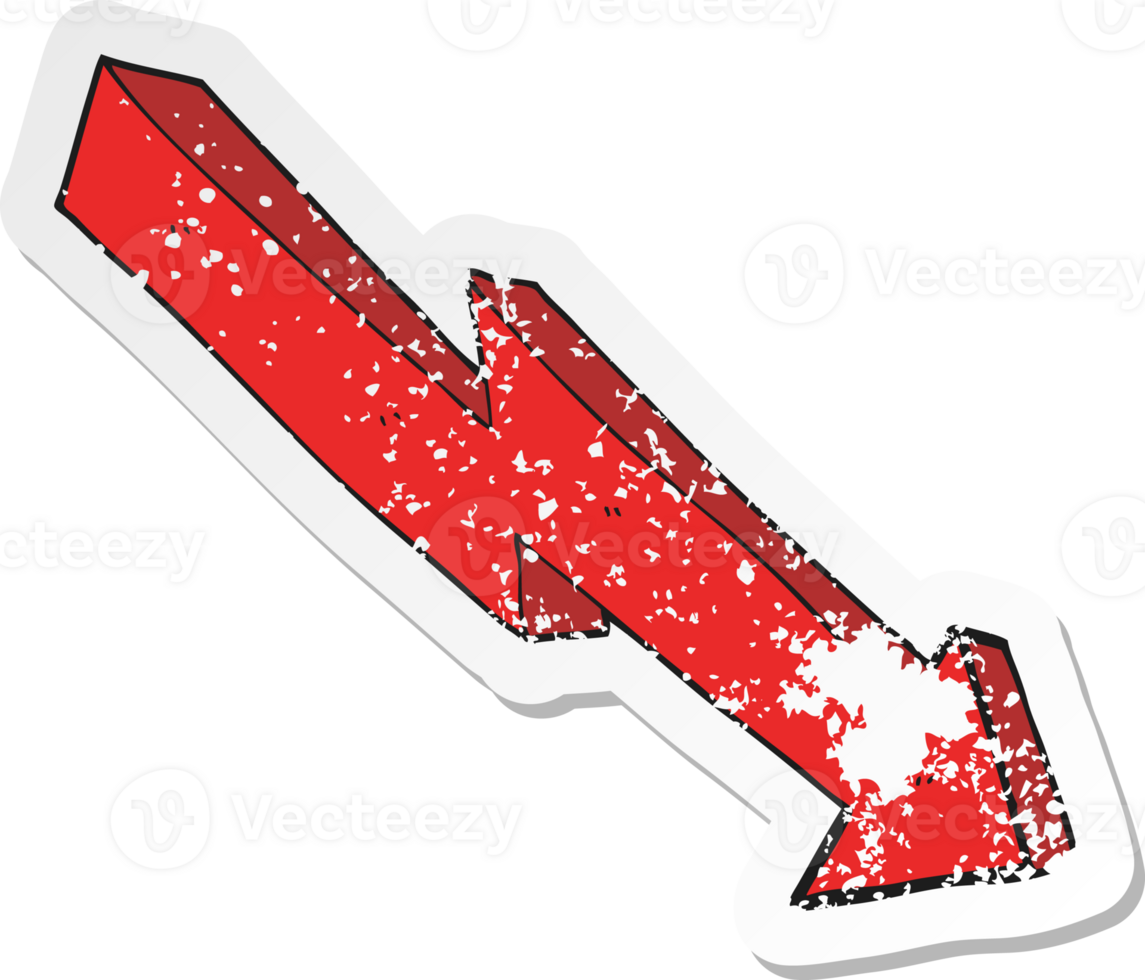 retro distressed sticker of a cartoon arrow down trend png