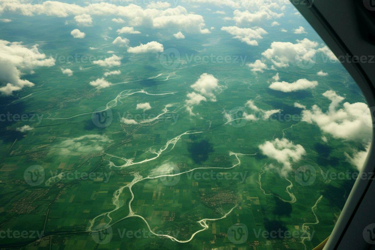 ai generado avión ventana perspectiva aéreo foto de nube besado verde campos