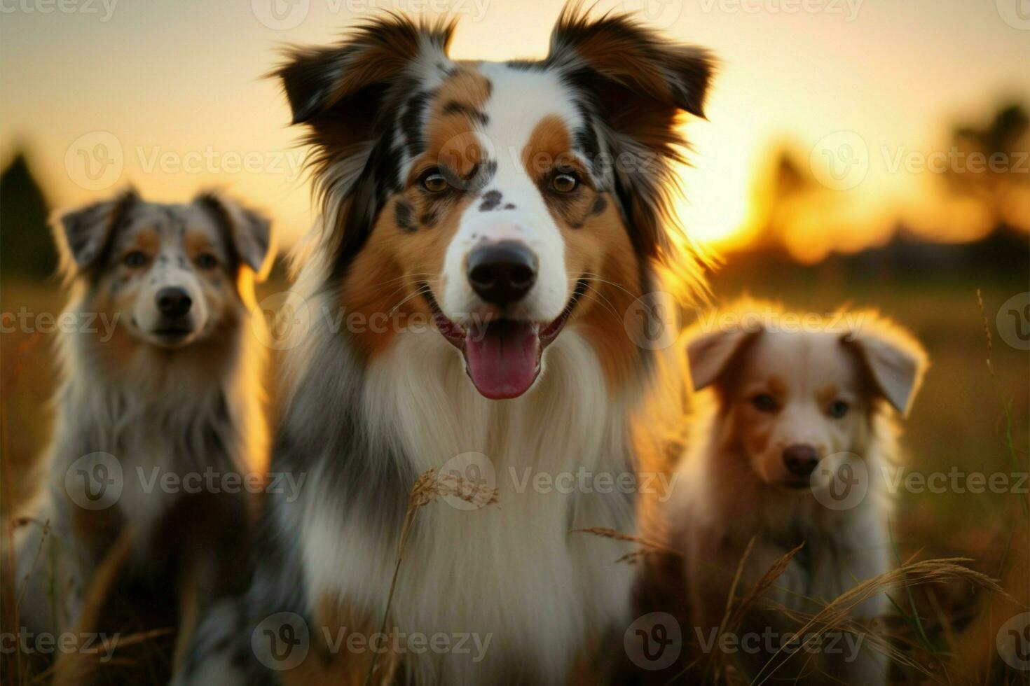 ai generado imagen australiano pastor y cachorros jugando en prado, puesta de sol belleza foto