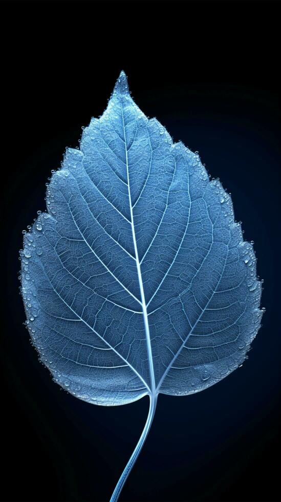 AI generated Blue frost enchantment Single syringa leaf, frozen and isolated beautifully Vertical Mobile Wallpaper photo