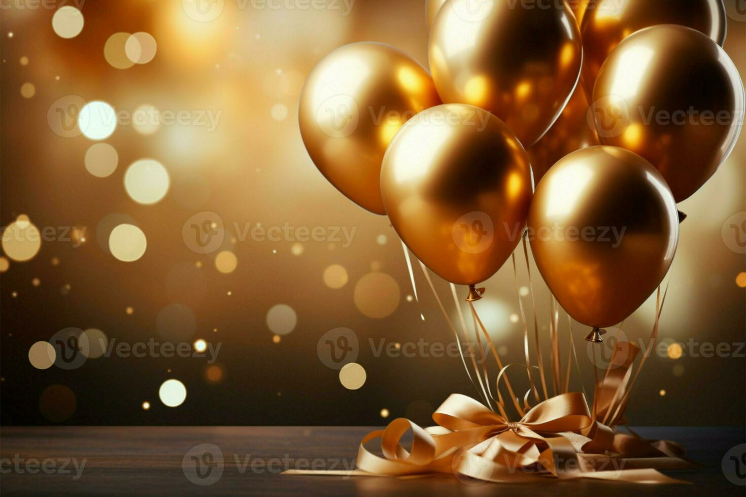 AI generated Golden balloons with ribbons and confetti on bokeh background photo