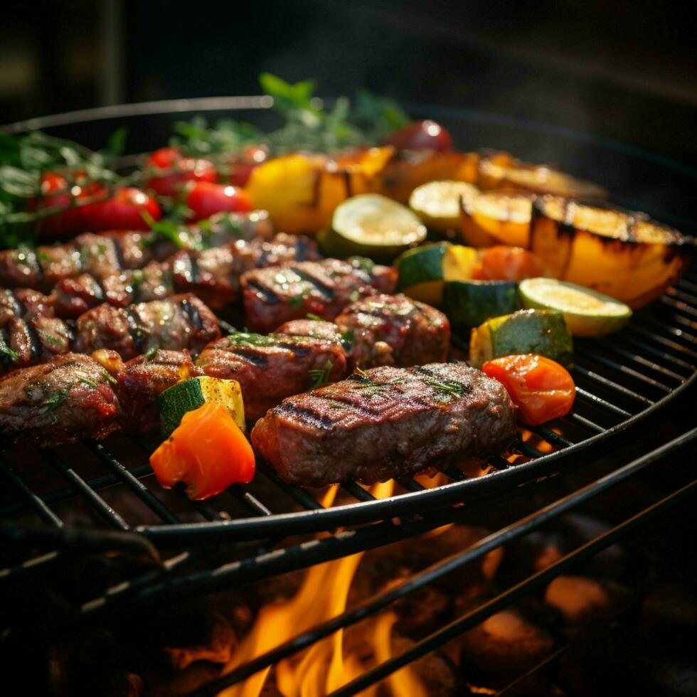 AI generated Grill with delicious grilled meat and veggies, closeup BBQ scene For Social Media Post Size photo