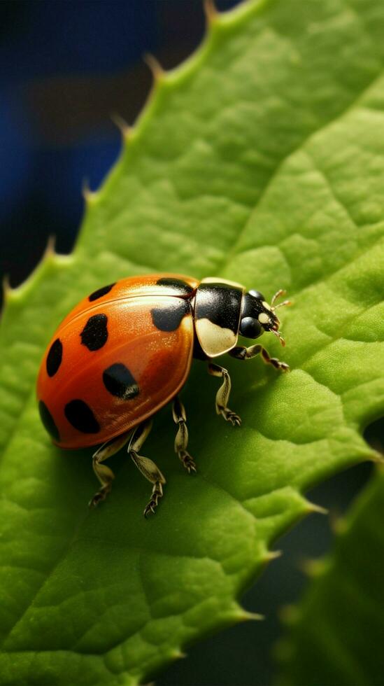 AI generated Ladybug explores a green leafs edge in a delicate balancing act Vertical Mobile Wallpaper photo