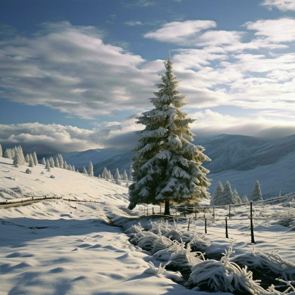 AI generated Winters embrace Fir tree stands adorned in serene snowy landscape For Social Media Post Size photo