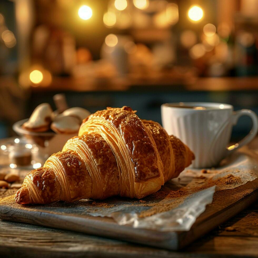 AI generated Bakery bliss Breakfast scene with croissant, cup, bokeh morning ambiance For Social Media Post Size photo