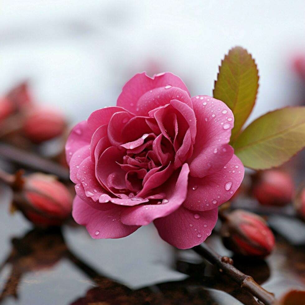 AI generated Vibrant crimson bloom, pure elegance against snowy white canvas, captivating detail For Social Media Post Size photo