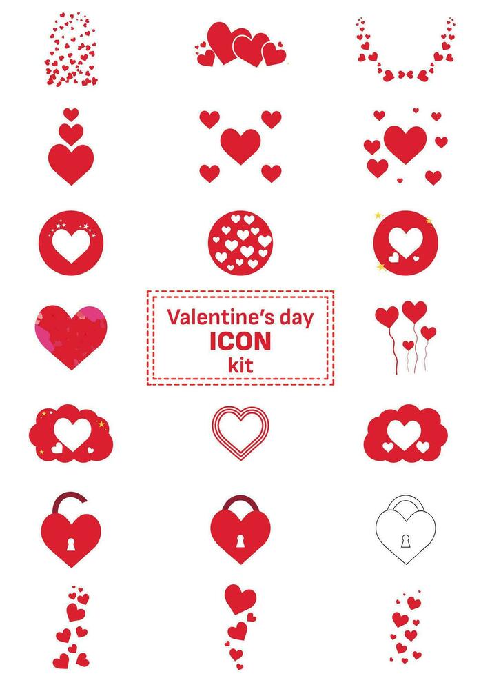 Collection of different shaped hearts for Valentine's Day. Heart symbols in red colors and different styles. Vector illustration set.